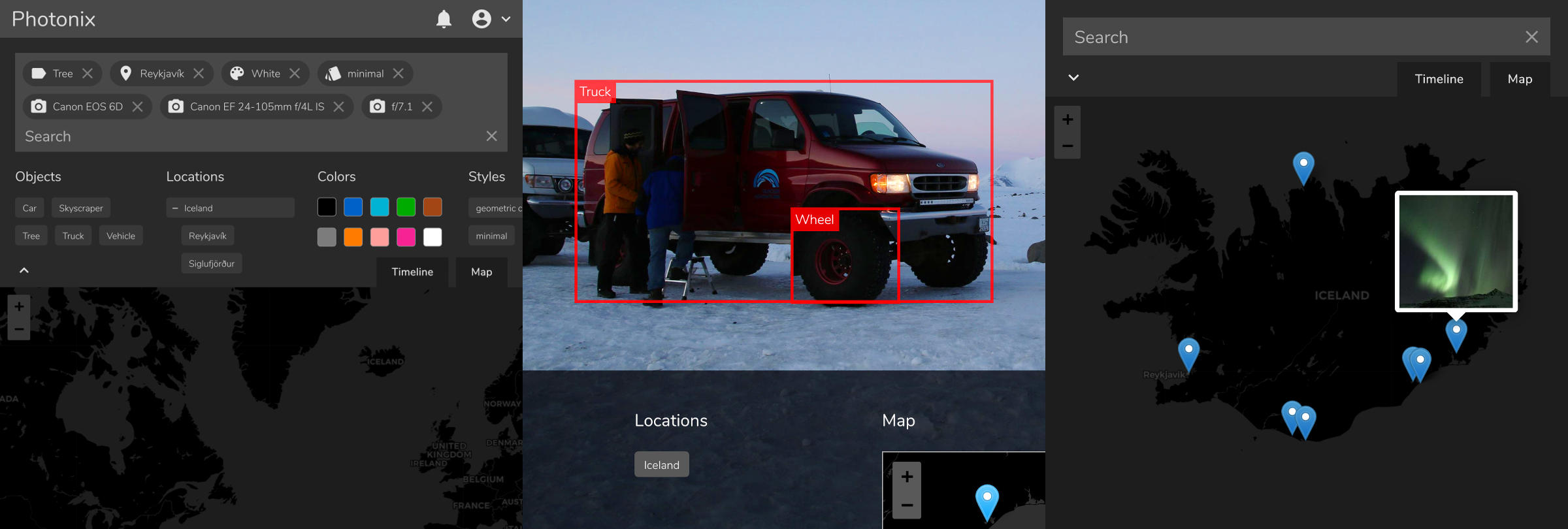 Photonix user interface showing filters, object recognition and map view